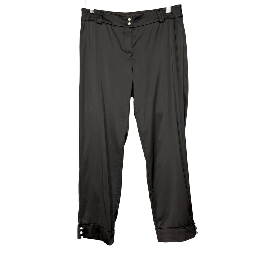 WHBM Pants Womens 6 Black Satin Cuffed Ankle Sparkly Buttons Dressy‎ Holiday